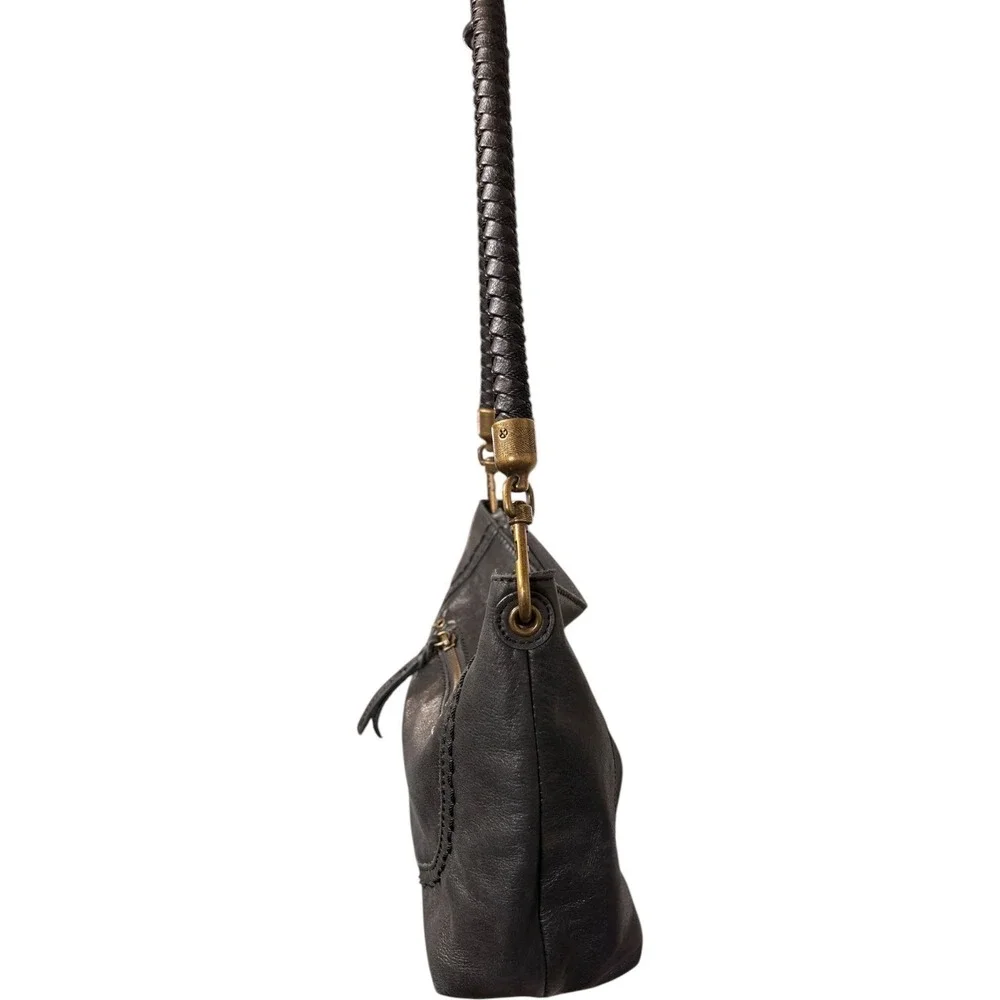 The Sak Black Leather Boho Shoulder Bag Braided Strap‎ Antique Brass Hardware